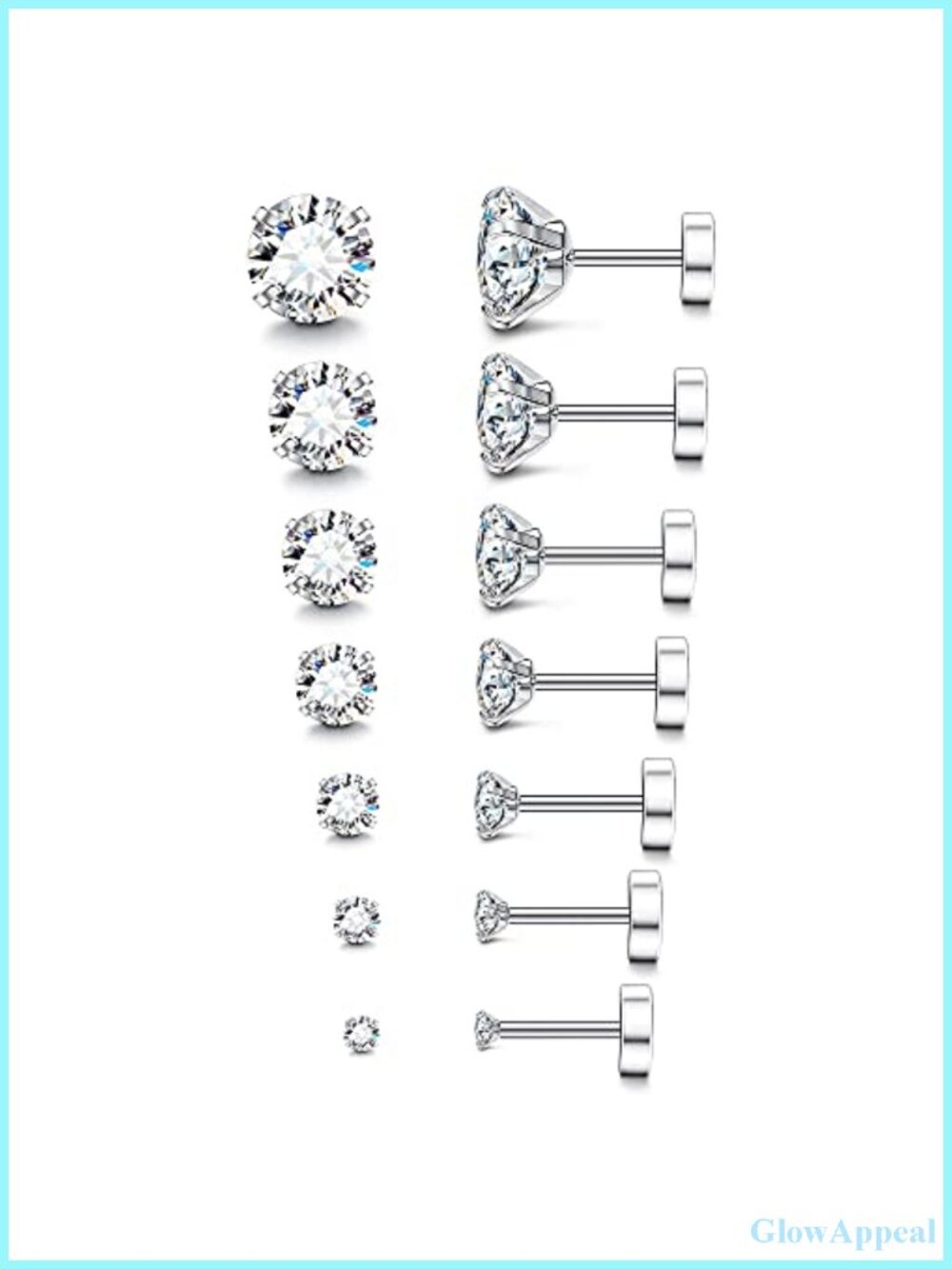 20G Hypoallergenic Flat Back Stud Earrings 7 Pairs Cubic Zirconia Multi Size